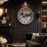 Decorative wall clock on a dark wall in a stylish living room. Vintage-style clock with intricate design and text highlighting features moving gears metal case glass front 600mm wide
