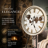 Vintage-style clock with intricate design and text highlighting features moving gears metal case glass front 600mm wide