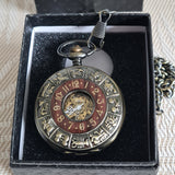 Decorative pocket watch with zodiac symbols in a black box