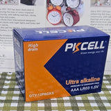 Box of PKCELL ultra alkaline AAA LR03 batteries on a checkered tablecloth