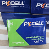 PKCELL lithium battery packaging with green and blue design on a striped background